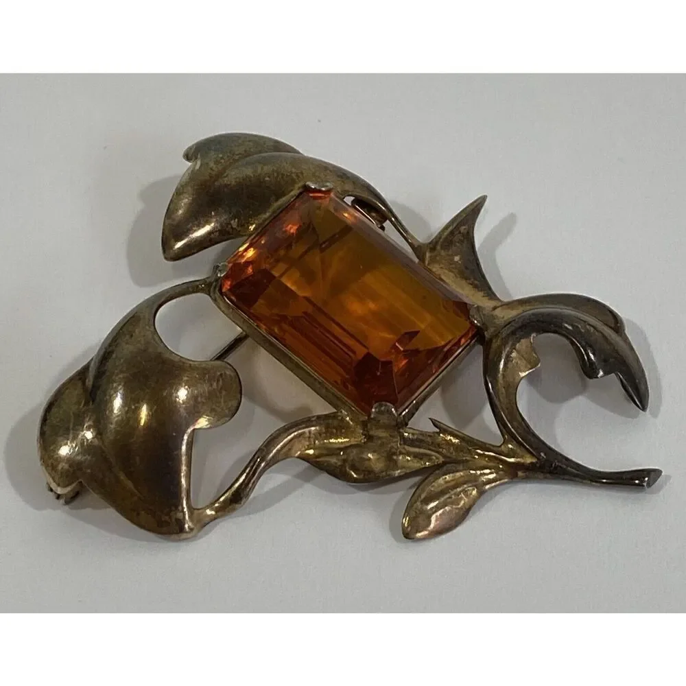 Antique Large Sterling Silver & Topaz Glass Brooch Art Nouveau Estate 2 3/8”